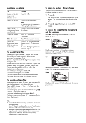 Page 1818 GB
Additional operations
To access Digital Text
Many broadcasters provide a Digital Text service. 
Digital Text offers graphically rich contents, 
compared to Analogue Text.
Select a digital channel which provides Digital Text, 
then press /.
When a broadcaster provides a dedicated Digital Text 
channel, select this channel to access Digital Text.
To navigate through Digital Text, follow the 
instructions on the screen.
To exit Digital Text, press RETURN.
To move around, press 
F/f/G/g.
To select...