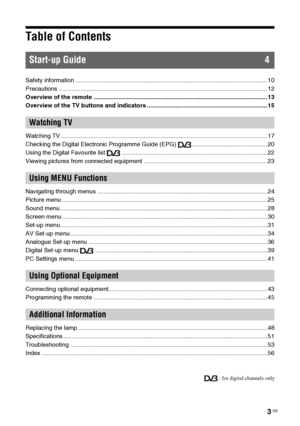 Page 33 GB
Table of Contents
Safety information ................................................................................................................... 10
Precautions ............................................................................................................................. 12
Overview of the remote ........................................................................................................ 13
Overview of the TV buttons and indicators...