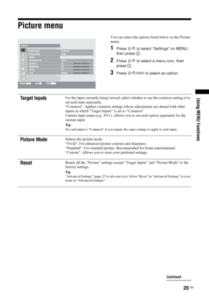 Page 2525 GB
Using MENU Functions
Picture menu
You can select the options listed below on the Picture 
menu.
1Press F/f to select “Settings” on MENU, 
then press  .
2Press F/f to select a menu icon, then 
press .
3Press F/f/G/g to select an option.
Target InputsFor the input currently being viewed, select whether to use the common setting or to 
set each item separately.
“Common”: Applies common settings whose adjustments are shared with other 
inputs in which “Target Inputs” is set to “Common”. 
Current input...