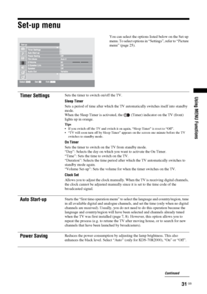 Page 3131 GB
Using MENU Functions
Set-up menu
You can select the options listed below on the Set-up 
menu. To select options in “Settings”, refer to “Picture 
menu” (page 25).
Timer SettingsSets the timer to switch on/off the TV.
Sleep Timer
Sets a period of time after which the TV automatically switches itself into standby 
mode. 
When the Sleep Timer is activated, the   (Timer) indicator on the TV (front) 
lights up in orange.
Tips
 If you switch off the TV and switch it on again, “Sleep Timer” is reset to...