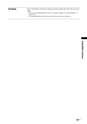Page 3333 GB
Using MENU Functions
All ResetResets all settings to the factory settings and then displays the Auto Start-up screen.
Notes
 All settings, including Digital Favourite list, country, language, auto tuned channels, etc. 
will be reset.
 The On/standby indicator flashes in green while the settings are being reset.
 