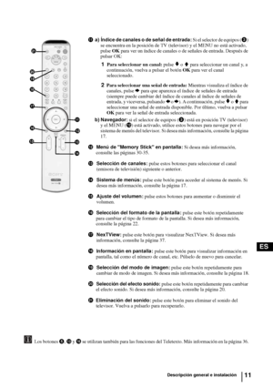 Page 10611
ES
Los botones 5, qd y qk se utilizan también para las funciones del Teletexto. Más información en la página 36. 
qaa) Índice de canales o de señal de entrada: Si el selector de equipos (3) 
se encuentra en la posición de TV (televisor) y el MENU no está activado, 
pulse OK para ver un índice de canales o de señales de entrada. Después de 
pulsar OK:
1Para seleccionar un canal: pulse v o V para seleccionar un canal y, a 
continuación, vuelva a pulsar el botón OK para ver el canal 
seleccionado.
2Para...