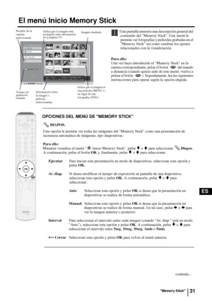 Page 12631
ES
El menú Inicio Memory Stick
Esta pantalla muestra una descripción general del 
contenido del Memory Stick. Este menú le 
permite ver fotografías y películas grabadas en el 
Memory Stick así como cambiar los ajustes 
relacionados con la visualización.
Para ello:
Una vez haya introducido el Memory Stick en la 
ranura correspondiente, pulse el botón   del mando 
a distancia (cuando quiera salir de este menú, vuelva a 
pulsar el botón  ). Seguidamente, lea las siguientes 
instrucciones para operar...