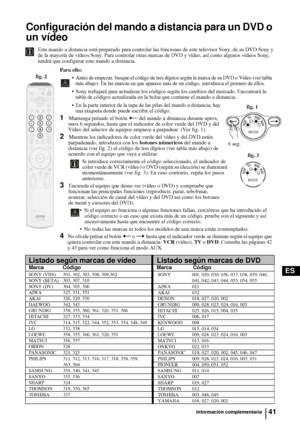 Page 13641
ES
VCRTVDVDAUX
MODE
fig. 1
6 seg.
VCRTVDVDAUX
MODE
fig. 3
Configuración del mando a distancia para un DVD o 
un vídeo
Este mando a distancia está preparado para controlar las funciones de este televisor Sony, de su DVD Sony y 
de la mayoría de vídeos Sony. Para controlar otras marcas de DVD y vídeo, así como algunos vídeos Sony, 
tendrá que configurar este mando a distancia.
Información complementaria
Para ello: 

Antes de empezar, busque el código de tres dígitos según la marca de su DVD o Vídeo...