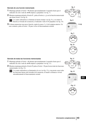 Page 13843
ES
Información complementaria
Borrado de una función memorizada
1 Mantenga pulsado el botón t durante aproximadamente 6 segundos hasta que el 
indicador de color verde de AUX empiece a parpadear (ver fig. 7). 
2 Mientras mantenga pulsado el botón % , pulse el botón (a - g) con la función memorizada 
que desee borrar. (ver fig. 8). 
Los cuatro indicadores se iluminan al mismo tiempo (ver fig. 9) y, en cuanto la 
función es borrada de la memoria, el indicador verde AUX parpadea (ver fig. 10).
3 Si desea...