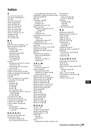 Page 14449
ES
Información complementaria
Índ ic e
A
Accesorios de anclaje 14
Accesorios suministrados 9
AFT  28
Ahorro de energía  22
Ajuste de agudos 20
Ajuste del brillo 18
Ajuste de contraste 18
Ajuste de graves  20
Ajuste de la nitidez 18
Ajuste del balance 20
Altavoces del televisor  21
Apagado auto 25
Autoformato  22
Auto volumen  20
B, C
BBE 20
Botón de reinicio automático  12
Botón selector de equipos 10
Memory Stick,
configurar ajustes 31
extracción 30
información general 30
introducción 30
precauciones...