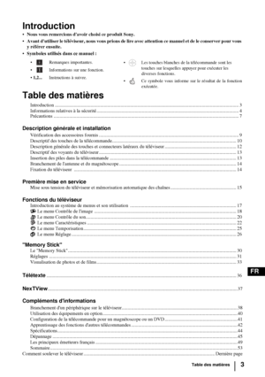 Page 1453
FR
Introduction
•Nous vous remercions davoir choisi ce produit Sony.
Avant dutiliser le téléviseur, nous vous prions de lire avec attention ce manuel et de le conserver pour vous 
y référer ensuite.
Symboles utilisés dans ce manuel :
Table des matières
Introduction .......................................................................................................................................................... 3
Informations relatives à la sécurité...