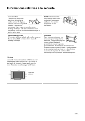 Page 1464
Informations relatives à la sécurité
Aération
Laissez de lespace libre autour du téléviseur pour 
permettre une libre circulation de lair et éviter la 
surchauffe de lappareil. La surchauffe peut être 
cause dincendie ou endommager le téléviseur. 
Table 1: 
Cordon secteur
Lorsque vous déplacez le 
téléviseur, débranchez le 
cordon secteur. Ne déplacez 
jamais le téléviseur lorsquil est 
branché. Il pourrait être 
endommagé et provoquer un incendie ou une 
décharge électrique. Si le téléviseur tombe ou...