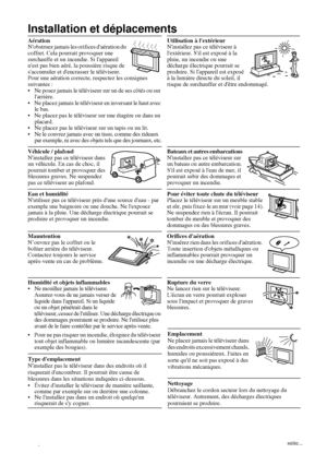 Page 1486
Installation et déplacements
Aération 
Nobstruez jamais les orifices daération du 
coffret. Cela pourrait provoquer une 
surchauffe et un incendie. Si lappareil 
nest pas bien aéré, la poussière risque de 
saccumuler et dencrasser le téléviseur. 
Pour une aération correcte, respectez les consignes 
suivantes :
 Ne posez jamais le téléviseur sur un de ses côtés ou sur 
larrière. 
 Ne placez jamais le téléviseur en inversant le haut avec 
le bas. 
 Ne placez pas le téléviseur sur une étagère ou dans...