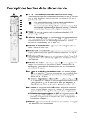 Page 15210
Descriptif des touches de la télécommande
1 TV I/  : Éteindre temporairement le téléviseur (mode veille) : 
Appuyez sur cette touche pour éteindre temporairement le téléviseur (le témoin de 
mise en veille  sallume). Appuyez de nouveau pour allumer le téléviseur à 
partir du mode veille. 
  Pour une meilleure économie dénergie, il est conseillé déteindre
complètement le téléviseur lorsquil nest pas utilisé.
  Si vous avez sélectionné Oui pour loption Arrêt auto. (voir page 25), le 
téléviseur passe...