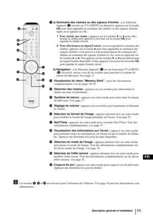 Page 15311
FR
Les touches 5, qd et qk servent aussi pour lutilisation du Télétexte. Voir page 36 pour des informations com-
plémentaires.
qaa) Sommaire des chaînes ou des signaux dentrée : si le Sélecteur 
Appareil (3) est mis sur TV et MENU est désactivé, appuyez sur la touche 
OK pour faire apparaître le sommaire des chaînes ou des signaux dentrée. 
Après avoir appuyé sur OK :
1 Pour choisir une chaîne : appuyez sur les touches v ou V pour sélec-
tionner la chaîne puis appuyez à nouveau sur la touche OK pour...