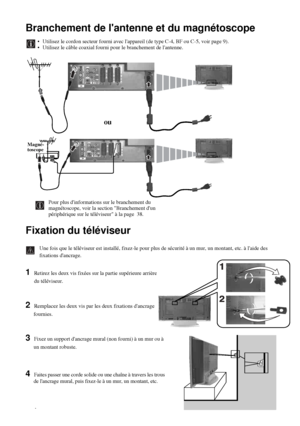 Page 15614
Branchement de lantenne et du magnétoscope
Fixation du téléviseur
Une fois que le téléviseur est installé, fixez-le pour plus de sécurité à un mur, un montant, etc. à laide des 
fixations dancrage.
1 Retirez les deux vis fixées sur la partie supérieure arrière
du téléviseur.
2 Remplacez les deux vis par les deux fixations dancrage 
fournies.
3 Fixez un support dancrage mural (non fourni) à un mur ou à 
un montant robuste.
4 Faites passer une corde solide ou une chaîne à travers les trous
de lancrage...