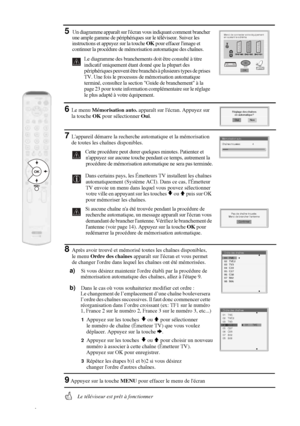 Page 15816
5Un diagramme apparaît sur lécran vous indiquant comment brancher 
une ample gamme de périphériques sur le téléviseur. Suivez les 
instructions et appuyez sur la touche OK pour effacer limage et 
continuer la procédure de mémorisation automatique des chaînes. 
Le diagramme des branchements doit être consulté à titre 
indicatif uniquement étant donné que la plupart des 
périphériques peuvent être branchés à plusieurs types de prises 
TV. Une fois le processus de mémorisation automatique 
terminé,...