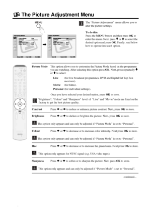 Page 1818
The Picture Adjustment Menu
The “Picture Adjustment”  menu allows you to 
alter the picture settings.
To do this:
Press the MENU button and then press OK to 
enter this menu. Next, press 
v or V to select the 
desired option and press OK. Finally, read below 
how to operate into each option.
Picture Mode  This option allows you to customise the Picture Mode based on the programme 
you are watching. After selecting this option press OK. Next, press repeatedly 
v 
or 
V to select:   
Live  (for live...