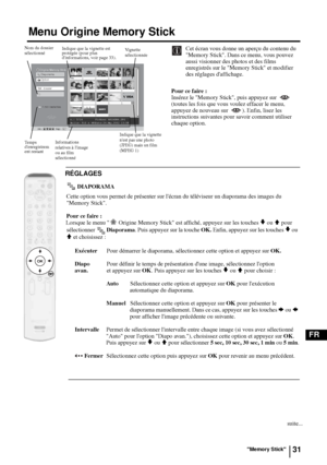 Page 17331
FR
Menu Origine Memory Stick
 Cet écran vous donne un aperçu du contenu du 
Memory Stick. Dans ce menu, vous pouvez 
aussi visionner des photos et des films 
enregistrés sur le Memory Stick et modifier 
des réglages daffichage.
Pour ce faire :
Insérez le Memory Stick, puis appuyez sur   
(toutes les fois que vous voulez effacer le menu, 
appuyez de nouveau sur ). Enfin, lisez les 
instructions suivantes pour savoir comment utiliser 
chaque option.
RÉGLAGES
 DIAPORAMA
Cette option vous permet de...