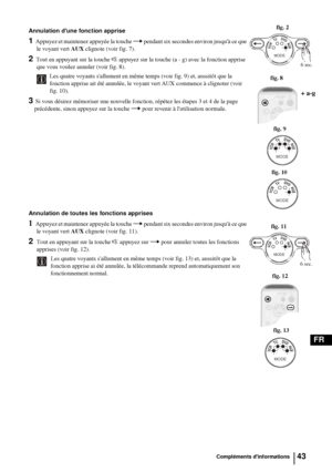 Page 18543
FR
Compléments dinformations
Annulation dune fonction apprise
1 Appuyez et maintenez appuyée la touche t pendant six secondes environ jusquà ce que 
le voyant vert AUX clignote (voir fig. 7).
2 Tout en appuyant sur la touche % appuyez sur la touche (a - g) avec la fonction apprise 
que vous voulez annuler (voir fig. 8). 
Les quatre voyants sallument en même temps (voir fig. 9) et, aussitôt que la 
fonction apprise ait été annulée, le voyant vert AUX commence à clignoter (voir 
fig. 10).
3 Si vous...