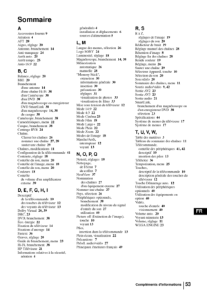 Page 19553
FR
Sommaire
Compléments dinformations
A
Accessoires fournis 9
Aération  4
AFT  28
Aigus, réglage  20
Antenne, branchement  14
Anti-marquage  24
Arrêt auto.  25
Arrêt tempo.  25
Auto 16:9  22
B, C
Balance, réglage  20
BBE  20
Branchement
dune antenne  14
dune chaîne Hi-Fi  38
dun Caméscope  38
dun DVD  38
dun magnétoscope ou enregistreur 
DVD SmartLink  38
dun magnétoscope  14, 38
du casque  38
Caméscope, branchement  38
Caractéristiques, menu  22
Casque, branchement  38
Centrage RVB  24
Chaîne,...