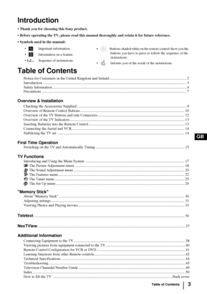 Page 33
GB
Introduction
• Thank you for choosing this Sony product.
 Before operating the TV, please read this manual thoroughly and retain it for future reference.
 Symbols used in the manual:
Table of Contents
Notice for Customers in the United Kingdom and Ireland................................................................................... 2
Introduction...