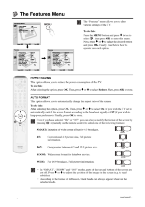 Page 2222
The Features Menu
The “Features” menu allows you to alter 
various settings of the TV.
To do this: 
Press the MENU button and press 
v twice to 
select  , then press OK to enter this menu. 
Next, press 
v or V to select the desired option 
and press OK. Finally, read below how to 
operate into each option.
POWER SAVING
This option allows you to reduce the power consumption of this TV.
To  d o  t h i s :
After selecting the option, press OK. Then, press 
v or V to select Reduce. Next, press OK to...