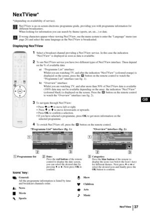 Page 3737
GB
NexTView*
*(depending on availability of service).
NexTView is an on-screen electronic programme guide, providing you with programme information for 
different broadcasters.
When looking for information you can search by theme (sports, art, etc...) or date.
If wrong characters appear when viewing NexTView, use the menu system to enter the “Language” menu (see 
page 26) and select the same language as the NexTView is broadcasted.
Displaying NexTView  
1Select a broadcast channel providing a NexTView...