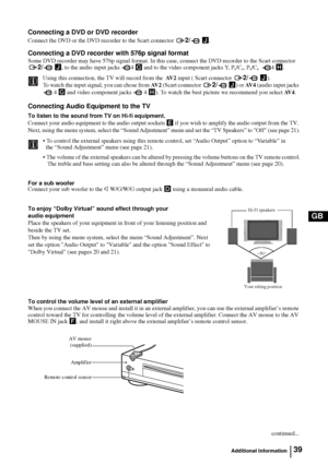 Page 3939
GB
Connecting a DVD or DVD recorder
Connect the DVD or the DVD recorder to the Scart connector 2/  J.
Connecting a DVD recorder with 576p signal format
Some DVD recorder may have 576p signal format. In this case, connect the DVD recorder to the Scart connector 
2/  J, to the audio input jacks  4 G and to the video component jacks Y, PB/CB, PR/CR   4 H.
Using this connection, the TV will record from the  AV 2 input ( Scart connector 
2/  J).
To watch the input signal, you can chose from AV 2 (Scart...