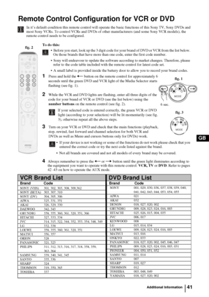 Page 4141
GB
Remote Control Configuration for VCR or DVD
In it’s default condition this remote control will operate the basic functions of this Sony TV, Sony DVDs and 
most Sony VCRs. To control VCRs and DVDs of other manufacturers (and some Sony VCR models), the 
remote control needs to be configured.
Additional Information
To do this: 
 Before you start, look up the 3 digit code for your brand of DVD or VCR from the list below. 
On those brands that have more than one code, enter the first code number.
...