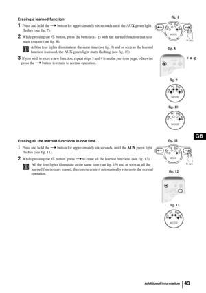 Page 4343
GB
Additional Information
Erasing a learned function
1 Press and hold the t button for approximately six seconds until the AUX green light 
flashes (see fig. 7). 
2 While pressing the % button, press the button (a - g) with the learned function that you 
want to erase (see fig. 8).  
All the four lights illuminate at the same time (see fig. 9) and as soon as the learned 
function is erased, the AUX green light starts flashing (see fig. 10).
3 If you wish to store a new function, repeat steps 3 and 4...