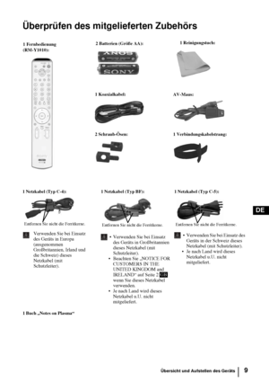 Page 579
DE
Überprüfen des mitgelieferten Zubehörs
1 Netzkabel (Typ C-4):
Verwenden Sie bei Einsatz 
des Geräts in Europa 
(ausgenommen 
Großbritannien, Irland und 
die Schweiz) dieses 
Netzkabel (mit 
Schutzleiter).
1 Netzkabel (Typ BF):
 Verwenden Sie bei Einsatz 
des Geräts in Großbritannien 
dieses Netzkabel (mit 
Schutzleiter).
 Beachten Sie „NOTICE FOR 
CUSTOMERS IN THE 
UNITED KINGDOM and 
IRELAND“ auf Seite 2   
wenn Sie dieses Netzkabel 
verwenden.
 Je nach Land wird dieses 
Netzkabel u.U. nicht...