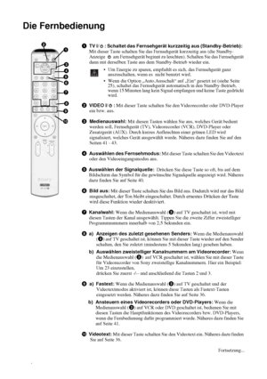 Page 5810
Die Fernbedienung
1 TV I/ : Schaltet das Fernsehgerät kurzzeitig aus (Standby-Betrieb):  
Mit dieser Taste schalten Sie das Fernsehgerät kurzzeitig aus (die Standby-
Anzeige   am Fernsehgerät beginnt zu leuchten). Schalten Sie das Fernsehgerät 
dann mit derselben Taste aus dem Standby-Betrieb wieder ein. 
  Um Energie zu sparen, empfiehlt es sich, das Fernsehgerät ganz
  auszuschalten, wenn es  nicht benutzt wird.
  Wenn die Option „Auto.Ausschalt“ auf „Ein“ gesetzt ist (siehe Seite 
25), schaltet...