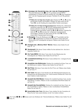 Page 5911
DE
Die Tasten 5, qd und qk dienen auch zum Bedienen der Videotextfunktionen. Näheres dazu finden Sie auf
Seite 36.
qaa) Anzeigen der Senderliste bzw. der Liste der Eingangssignale: 
Wenn die Medienauswahl (3) auf TV geschaltet und das MENU 
ausgeblendet ist, können Sie durch Drücken der Taste OK eine Senderliste 
bzw. Liste der Eingangssignale anzeigen. Nachdem Sie auf OK gedrückt 
haben:
1 Wählen Sie wie folgt einen Sender aus: Drücken Sie v oder V, um den 
gewünschten Sender auszuwählen. Drücken Sie...