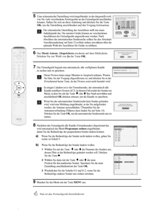 Page 6416
5Eine schematische Darstellung wird eingeblendet, in der dargestellt wird, 
wie Sie viele verschiedene Zusatzgeräte an das Fernsehgerät anschließen 
können. Halten Sie sich an diese Anleitung und drücken Sie die Taste 
OK, um die Darstellung auszublenden und den Vorgang fortzusetzen. 
Die schematische Darstellung der Anschlüsse stellt nur einen 
Anhaltspunkt dar. Die meisten Geräte können an verschiedenen 
Anschlüssen des Fernsehgeräts angeschlossen werden. Nach 
Abschluss der automatischen...