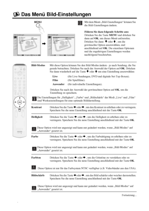 Page 6618
Das Menü Bild-Einstellungen
Mit dem Menü „Bild-Einstellungen“ können Sie 
die Bild-Einstellungen ändern.
Führen Sie dazu folgende Schritte aus:
Drücken Sie die Taste MENU und drücken Sie 
dann auf OK, um dieses Menü aufzurufen. 
Drücken Sie dann  
v oder V , um die 
gewünschte Option auszuwählen, und 
anschließend auf OK. Die einzelnen Optionen 
und die zugehörigen Einstellungen werden 
nachfolgend beschrieben.
Bild-Modus  Mit diese Option können Sie den Bild-Modus ändern - je nach Sendung, die Sie...