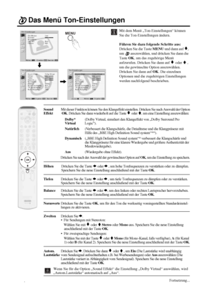 Page 6820
Das Menü Ton-Einstellungen
Mit dem Menü „Ton-Einstellungen“ können 
Sie die Ton-Einstellungen ändern.
Führen Sie dazu folgende Schritte aus: 
Drücken Sie die Taste MENU und dann auf 
v, 
um   auszuwählen, und drücken Sie dann die 
Taste OK, um das zugehörige Menü 
aufzurufen. Drücken Sie dann auf 
v oder V , 
um die gewünschte Option auszuwählen. 
Drücken Sie dann auf OK. Die einzelnen 
Optionen und die zugehörigen Einstellungen 
werden nachfolgend beschrieben. 
SoundMit dieser Funktion können Sie den...