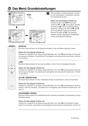 Page 7426
Das Menü Grundeinstellungen
Mit dem Menü „Grundeinstellungen“ können 
Sie die Einstellungen verschiedener Optionen 
des Fernsehgeräts ändern.
Führen Sie dazu folgende Schritte aus: 
Drücken Sie die Taste MENU und dann 
viermal auf 
v , um   auszuwählen. Drücken 
Sie dann auf OK, um das zugehörige Menü 
aufzurufen. Drücken Sie dann auf 
v oder V, 
um die gewünschte Option auszuwählen. 
Drücken Sie dann auf OK. Die einzelnen 
Optionen und die zugehörigen Einstellungen 
werden nachfolgend beschrieben....