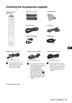 Page 99
GB
Checking the Accessories supplied
1 Mains Leads  (Type C-4):
Use this mains leads (with 
safety earth) if you use the 
set outside the United 
Kingdom and Ireland.
1 Mains Leads (Type BF):
 Use this mains leads (with 
safety earth) if you use the set 
in the United Kingdom.
See “NOTICE FOR 
CUSTOMERS IN THE 
UNITED KINGDOM and 
IRELAND” on page 2   
when using these mains leads.
 This mains leads may not be 
supplied depending on the 
country.
1 Mains Leads (Type C-5): 
 Use this mains leads...