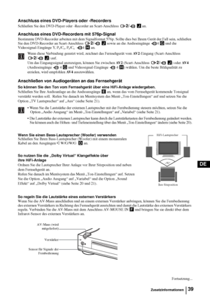 Page 8739
DE
Anschluss eines DVD-Players oder -Recorders
Schließen Sie den DVD-Player oder -Recorder an Scart-Anschluss 2/  J an.
Anschluss eines DVD-Recorders mit 576p-Signal
Bestimmte DVD-Recorder arbeiten mit dem Signalformat 576p. Sollte dies bei Ihrem Gerät der Fall sein, schließen 
Sie den DVD-Recorder an Scart-Anschluss 
2/  J sowie an die Audioeingänge  4 G und die 
Videosignal-Eingänge Y, P
B/CB, PR/CR   4 H an.
Wenn diese Verbindung genutzt wird, zeichnet das Fernsehgerät vom AV 2-Eingang...