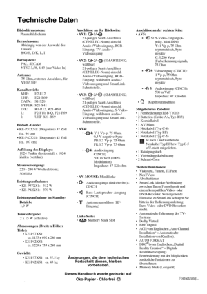 Page 9244
Technische Daten
Bildschirmsystem:
Plasmabildschirm
Fernsehnorm: 
Abhängig von der Auswahl des 
Landes: 
B/G/H, D/K, L, I 
Farbsystem:
PAL, SECAM 
NTSC 3,58, 4,43 (nur Video In)
Antenne:
75 Ohm, externer Anschluss, für 
VHF/UHF
Kanalbereich:
VHF: E2-E12
UHF: E21-E69
CATV: S1-S20
HYPER: S21-S41
D/K: R1-R12, R21-R69
L: F2-F10, B-Q, F21-F69
I: UHF B21-B69
Bildsch.-Größe:
 KE-P37XS1: (Diagonale) 37 Zoll 
(ca. 94 cm)
 KE-P42XS1: (Diagonale) 42 Zoll 
(ca. 107 cm)
Auflösung des Displays:
1024 Punkte...