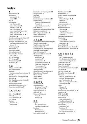 Page 9749
DE
Index
Zusatzinformationen
AAbschalttimer 25
Abstimmen,
automatisch  26
manuell 28
AFT 28
Anschließen,
eine Antenne 14
einen Camcorder 38
ein DVD-Gerät  38
eine HiFi-Anlage 38
einen SmartLink Video- oder 
DVD-Recorder  38
einen Videorecorder  14, 38
Kopfhörer 38
Anschlussanleitung (das Menü) 23
Antenne, anschließen 14
Anzeigen eines Bildes, das von 
einem angeschlossenen Gerät 
kommt 40
Audioausgang 21
Auto Format 22
Auto.Ausschalt 25
Autom.Lautstärke 20
Automatischer Neustart 
(die Taste) 12
AV2...