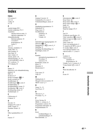 Page 123Aanvullende informatie
41 NL
Index
Cijfers
0-9, toetsen 8
14:9 18
2-talig 24
4:3 18
A
Aan/uit-lampje (\) 9
Aan/uit-schakelaar (1) 9
Aansluiten
antenne/videorecorder
 11
optionele apparatuur 34
Afstandsbediening
batterijen plaatsen
 10
overzicht 8
programmeren 36
sensor 9
AFT 33
Antenne, aansluiten 11
Audio Filter 33
Auto formaat 25
Auto Start 29
Auto volume 23
Autom. uitsch. 28
Autom.Program. 15, 30
AUX/VIDEO \/1, toets 8
AV voorkeuze 31
AV2 uitgang 26
B
Balans 23
Batterijen, in de afstandsbediening...