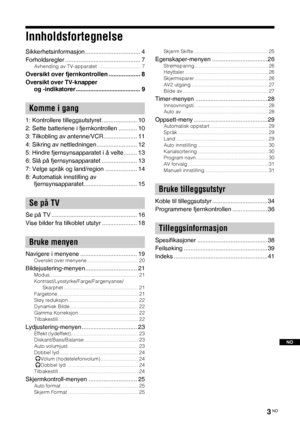 Page 1653 NO
NO
Innholdsfortegnelse
Sikkerhetsinformasjon ................................. 4
Forholdsregler ............................................. 7
Avhending av TV-apparatet .............................. 7
Oversikt over fjernkontrollen ................... 8
Oversikt over TV-knapper
og -indikatorer ........................................ 9
1: Kontrollere tilleggsutstyret ..................... 10
2: Sette batteriene i fjernkontrollen ........... 10
3: Tilkobling av antenne/VCR.................... 11
4:...