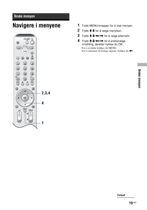 Page 181Bruke menyen
19 NO
Navigere i menyene1Trykk MENU-knappen for å vise menyen.
2Trykk M/m for å velge menyikon.
3Trykk M/m/