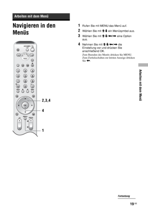 Page 59Arbeiten mit dem Menü
19 DE
Navigieren in den 
Menüs1Rufen Sie mit MENU das Menü auf.
2Wählen Sie mit M/m ein Menüsymbol aus.
3Wählen Sie mit M/m/