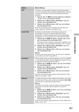 Page 73Arbeiten mit dem Menü
33 DE
AFTSie können ein ausgewähltes Programm manuell feineinstellen, 
wenn Sie den Eindruck haben, dadurch die Bildqualität verbessern 
zu können. In der Regel wird die Feineinstellung automatisch 
ausgeführt.
1Nehmen Sie mit M/m eine Feineinstellung im Bereich 
-15 bis +15 vor und drücken Sie OK.
2Wählen Sie mit m die Option „Bestätigen“ aus und 
drücken Sie anschließend OK.
3Wählen Sie mit m die Option „OK“ aus und drücken 
Sie anschließend OK.
Wenn Sie die automatische...