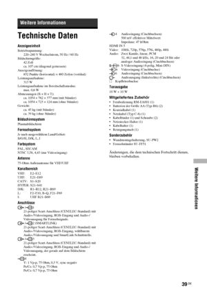 Page 79Weitere Informationen
39 DE
Technische Daten
Anzeigeeinheit
Betriebsspannung:
220–240 V Wechselstrom, 50 Hz / 60 Hz
Bildschirmgröße:
42 Zoll
ca. 107 cm (diagonal gemessen)
Anzeigeauflösung:
852 Punkte (horizontal) × 480 Zeilen (vertikal)
Leistungsaufnahme:
313 W
Leistungsaufnahme im Bereitschaftsmodus:
max. 0,6 W
Abmessungen (B × H × T):
ca. 1054 × 762 × 377 mm (mit Ständer)
ca. 1054 × 723 × 124 mm (ohne Ständer)
Gewicht:
ca. 45 kg (mit Ständer)
ca. 39 kg (ohne Ständer)
Bildschirmsystem
Plasmabildschirm...