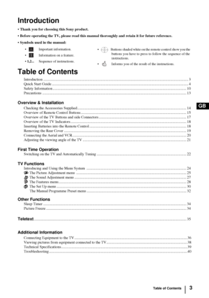 Page 23
GB
Introduction
• Thank you for choosing this Sony product.
• Before operating the TV, please read this manual thoroughly and retain it for future reference.
• Symbols used in the manual:
Table of Contents
Introduction .......................................................................................................................................................... 3
Quick Start Guide...