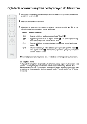 Page 11738
Oglądanie obrazu z urządzeń podłączonych do telewizora
1Podłącz urządzenie do odpowiedniego gniazda telewizora, zgodnie z poleceniami 
podanymi na stronie 36.
2Włączyć podłączane urządzenie.
3Aby obejrzeć obraz z podłączonego urządzenia, naciskać przycisk  /  , aż na 
ekranie pojawi się odpowiedni sygnał wejściowy.
Symbol    Sygnały wejściowe
 1• Sygnał wejściowy audio/video ze złącza "Scart" F
  1• Sygnał wejściowy RGB ze złącza "Scart" F. Ten symbol pojawia się 
tylko jeśli...