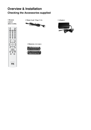 Page 1314
Overview & Installation
Checking the Accessories supplied
1 Mains Lead  (Type C-6):1 Adaptor:1 Remote 
control 
(RM-Y1108):
Overview & Installation
   2 Batteries (AA size):                                        
 