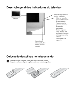 Page 13718Descrição geral & Instalação
Descrição geral dos indicadores do televisor
Colocação das pilhas no telecomando
Coloque as pilhas fornecidas com as polaridades na posição correcta.
Respeite o ambiente e deposite as pilhas usadas num contentor específico.
Para utilizar o 
telecomando, deve 
apontar para este 
receptor.Brilha em verde quando o 
televisor está ligado. 
• Brilha em vermelho 
quando o televisor está 
no modo Standby.
• Pisca em vermelho 
quando se pressionar 
um botão no 
telecomando.
•...