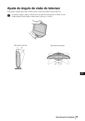 Page 14021
PT
Ajuste do ângulo de visão do televisor
Pode ajustar o ângulo para evitar o reflexo da luz e obter uma melhor visão do televisor.
Ao ajustar o ângulo, segure o móvel com a sua mão de forma que não se liberte ou caia.
Tenha cuidado de não entalar os dedos entre o televisor e o móvel.
Movimento para trás
Movimento horizontal
 3º       15º
25º         25º
Descrição geral & Instalação
 