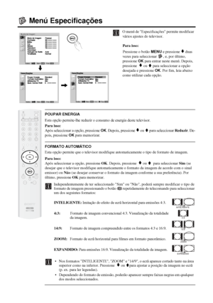 Page 14728
Menú Especificações
O menú de Especificações permite modificar 
vários ajustes do televisor.
Para isso: 
Pressione o botão 
MENU e pressione v duas 
vezes para seleccionar  , e, por último, 
pressione 
OK para entrar neste menú. Depois, 
pressione  
v ou V para seleccionar a opção 
desejada e pressione 
OK. Por fim, leia abaixo 
como utilizar cada opção.
POUPAR ENERGIA
Esta opção permite-lhe reduzir o consumo de energia deste televisor.
Para isso:
Após seleccionar a opção, pressione 
OK. Depois,...